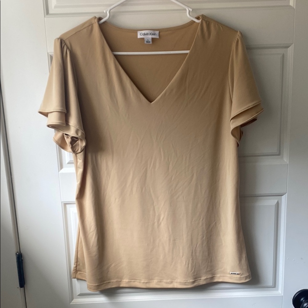 Calvin Klein Beige Short Sleeve V-Neck Top